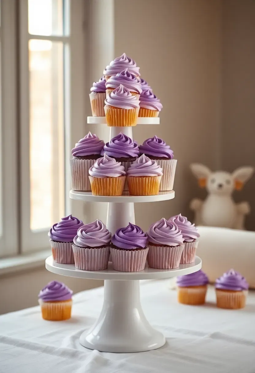 ombre frosting cupcake tower transitioning from deep purple at the base to pale lilac at the top on a white pedestal stand