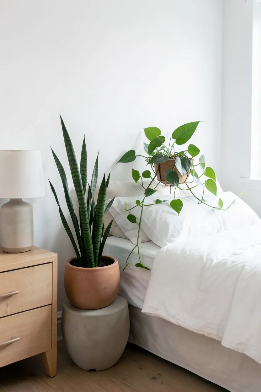 Potted snake plant and trailing pothos on a wooden shelf beside the bed in a Scandinavian rustic bedroom, terracotta pots against neutral white walls