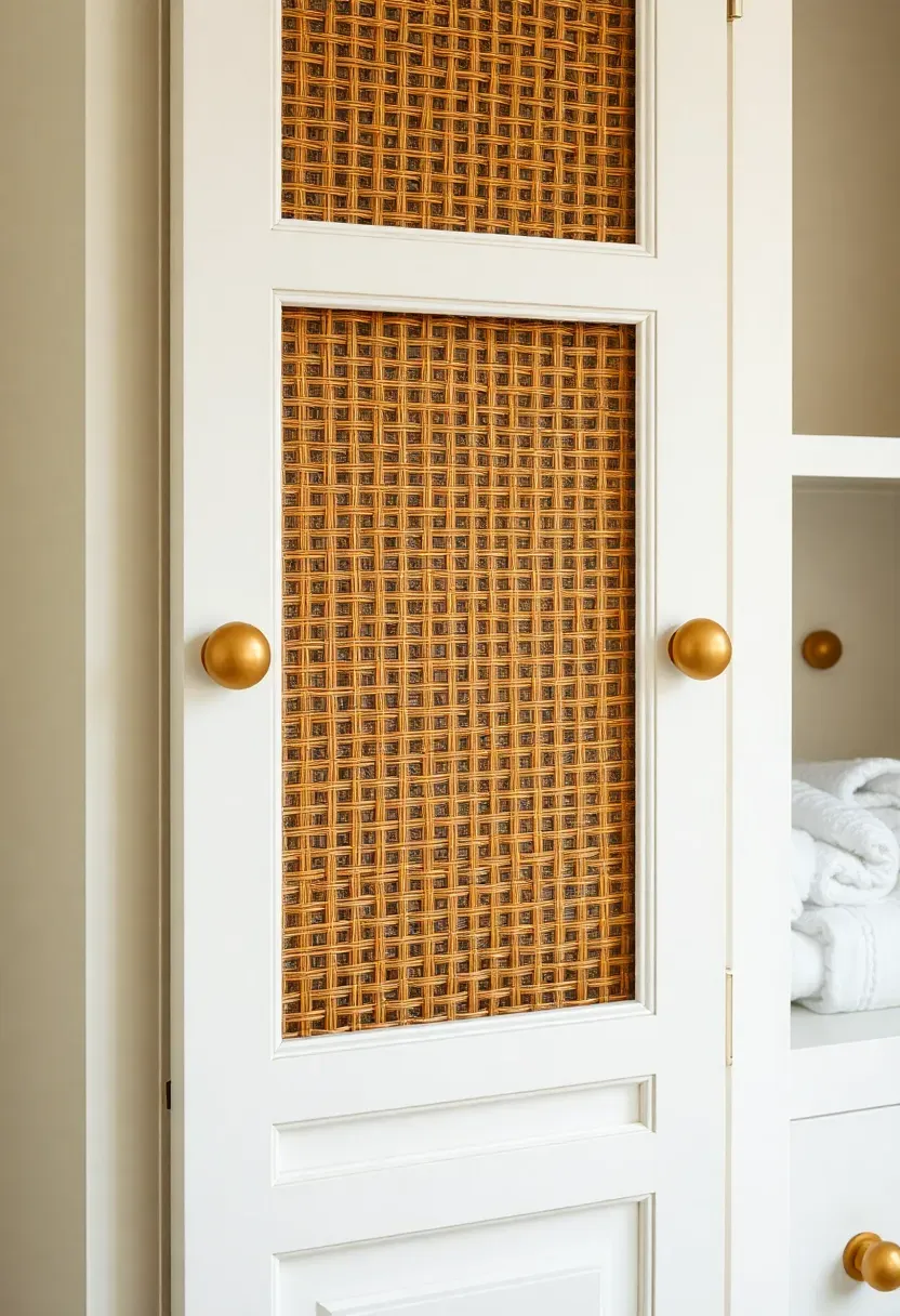 Bathroom linen cabinet with cane webbing insert panels in the doors, painted white frame with brushed brass knobs