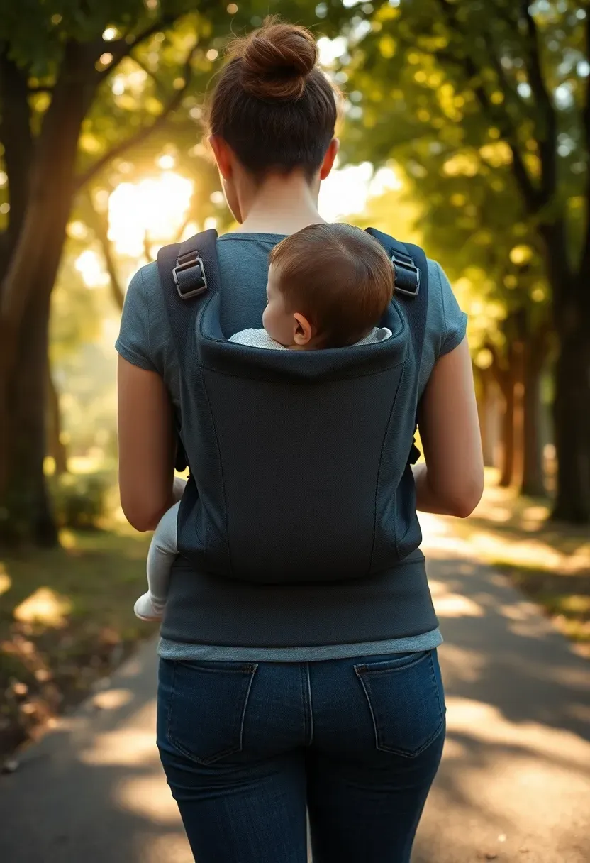 parent wearing a structured baby carrier with lumbar support while walking outdoors