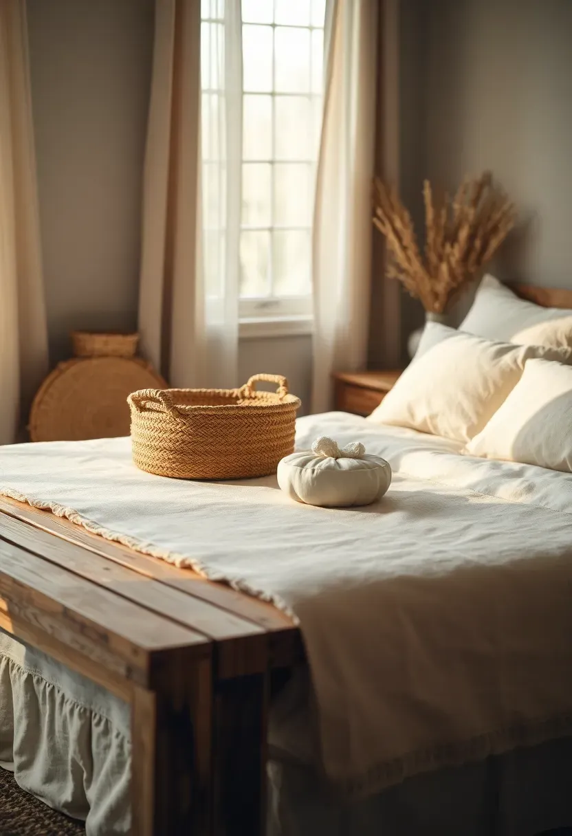 Rustic bench and woven baskets at the foot