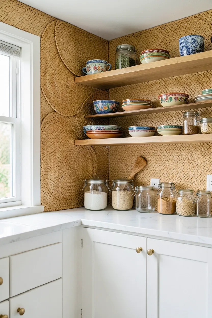 Hyper-realistic eye-level photograph of a boho kitchen with woven wall panels. The panels are made of natural rattan and seagrass in warm honey and cream tones. The weave patterns create visual texture and depth. The panels cover a section of wall behind the open shelving area. The shelves hold colorful ceramic dishes and glass jars. White shaker cabinets below with brass pulls. Natural light streaming through window. Materials: natural rattan, seagrass, colorful ceramics, glass, white painted wood, brass. Textured and warm boho mood. Sharp focus on the weave patterns and panel details. No text, no logos, no watermarks.</p>