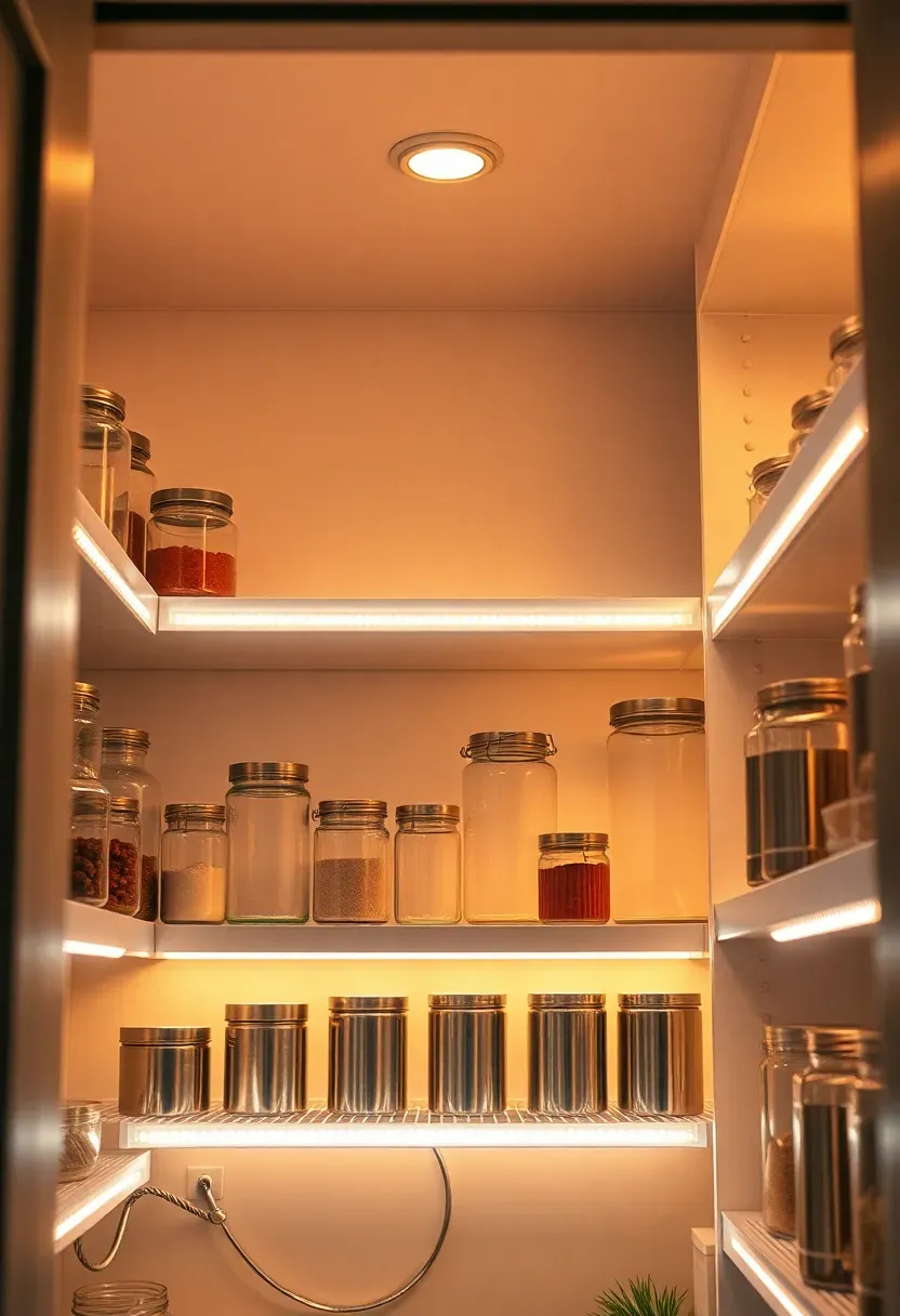 Open pantry interior with slim LED strip lights mounted under each shelf edge casting warm even glow across jars and cans below, glass canisters and tin cans illuminated in a staggered pattern, pantry ceiling and doorframe visible at top