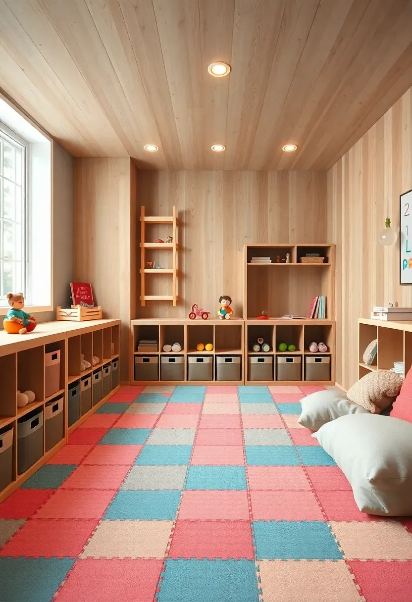 Colorful kids playroom in a finished basement with a climbing wall, soft foam flooring, toy storage cubbies, and a reading nook