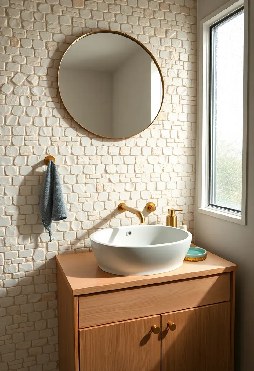 Zellige tile accent wall in soft white behind a bathroom vanity with warm brass faucet and round mirror