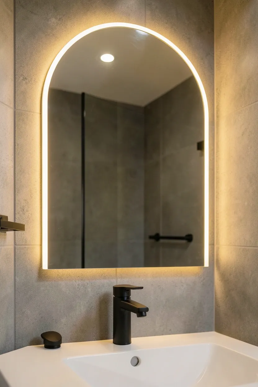 Arched bathroom mirror with warm white LED backlight strips above a white vanity — statement mirror aesthetic bathroom idea