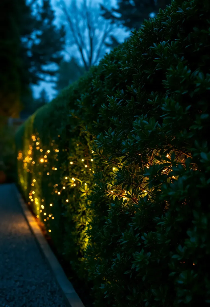 Dense boxwood hedges in a backyard garden at night with tiny warm fairy lights woven throughout the foliage creating a soft inner glow