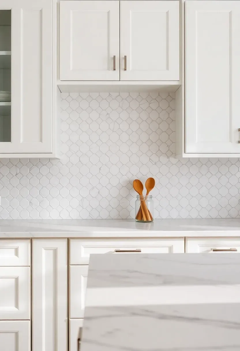 diamond pattern marble mosaic backsplash with Carrara marble in a classic white kitchen