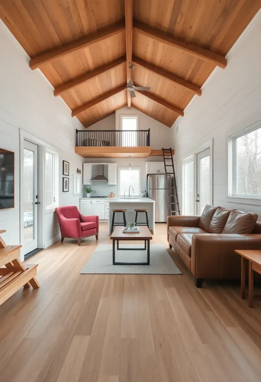 Hyper-realistic interior view of a 280 square foot tiny house showing open concept living room with full-size sofa, armchair, and coffee table; kitchen island with two stools creating separation from living area; staircase to loft instead of ladder. White walls, wood ceiling beams, light wide-plank flooring. Materials: white shiplap, hickory hardwood, leather sofa. Bright natural light from large windows and glass door. Warm inviting minimalist mood. Visible room flow and architectural details. No text, no logos, no watermarks.</p>