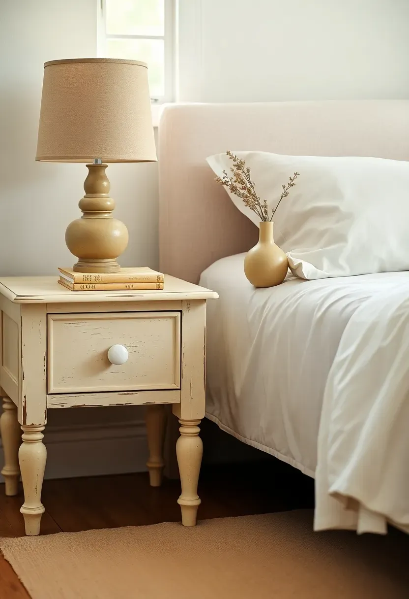Pair of matching turned-leg nightstands in distressed cream paint with small drawers and round porcelain knobs