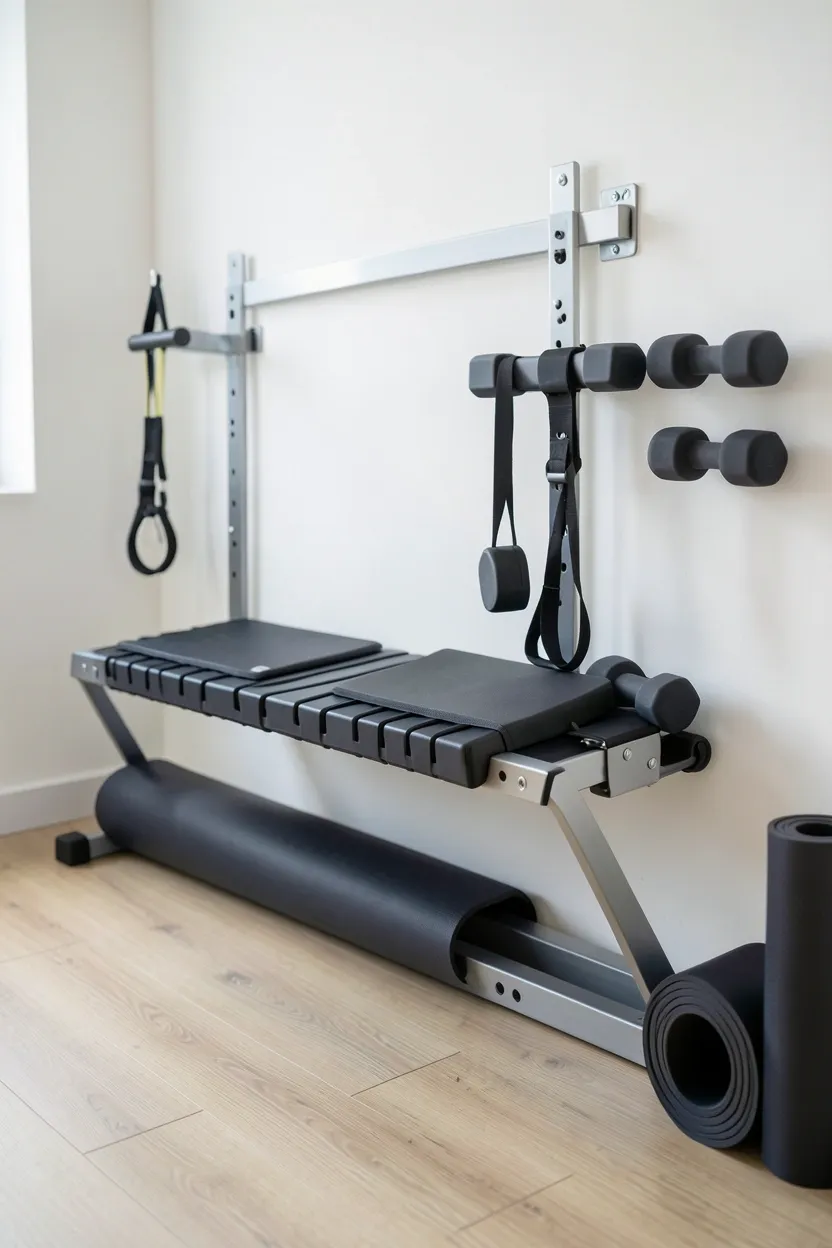 Minimalist wall-mounted foldable bench system collapsed flat against wall beside dumbbell rack in a space-saving small home gym