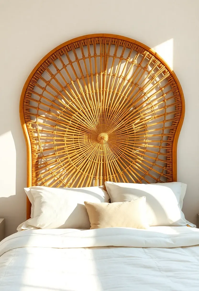 Natural rattan headboard with a woven sunburst pattern centered behind a bed with white linen bedding