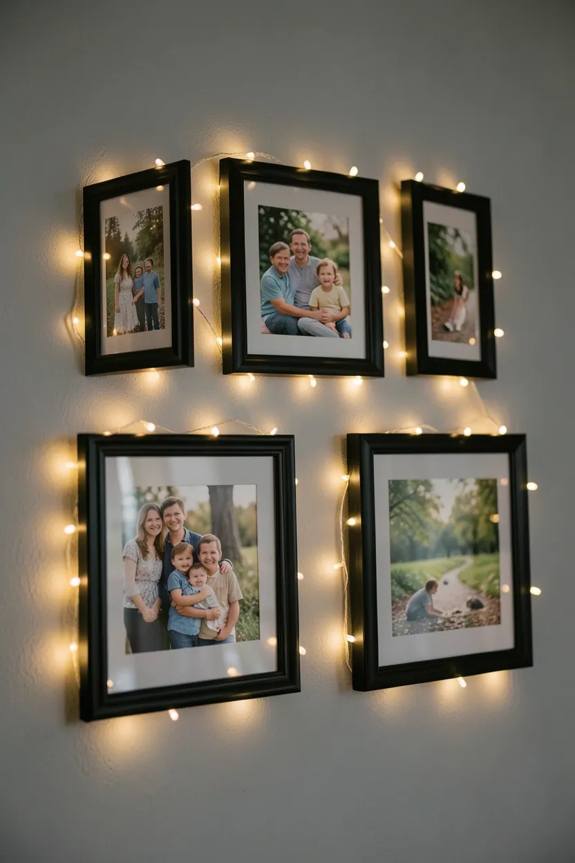 Hyper-realistic eye-level photograph of a bedroom wall with three black picture frames, each outlined with warm white fairy lights creating a glowing border effect. Inside frames: family photos and nature prints. Grey wall background, soft room lighting. Materials: black wood frames, warm LED lights, printed photographs. Warm nostalgic mood. Shallow depth of field, sharp details on frame edges and light glow. No text, no logos, no watermarks.</p>