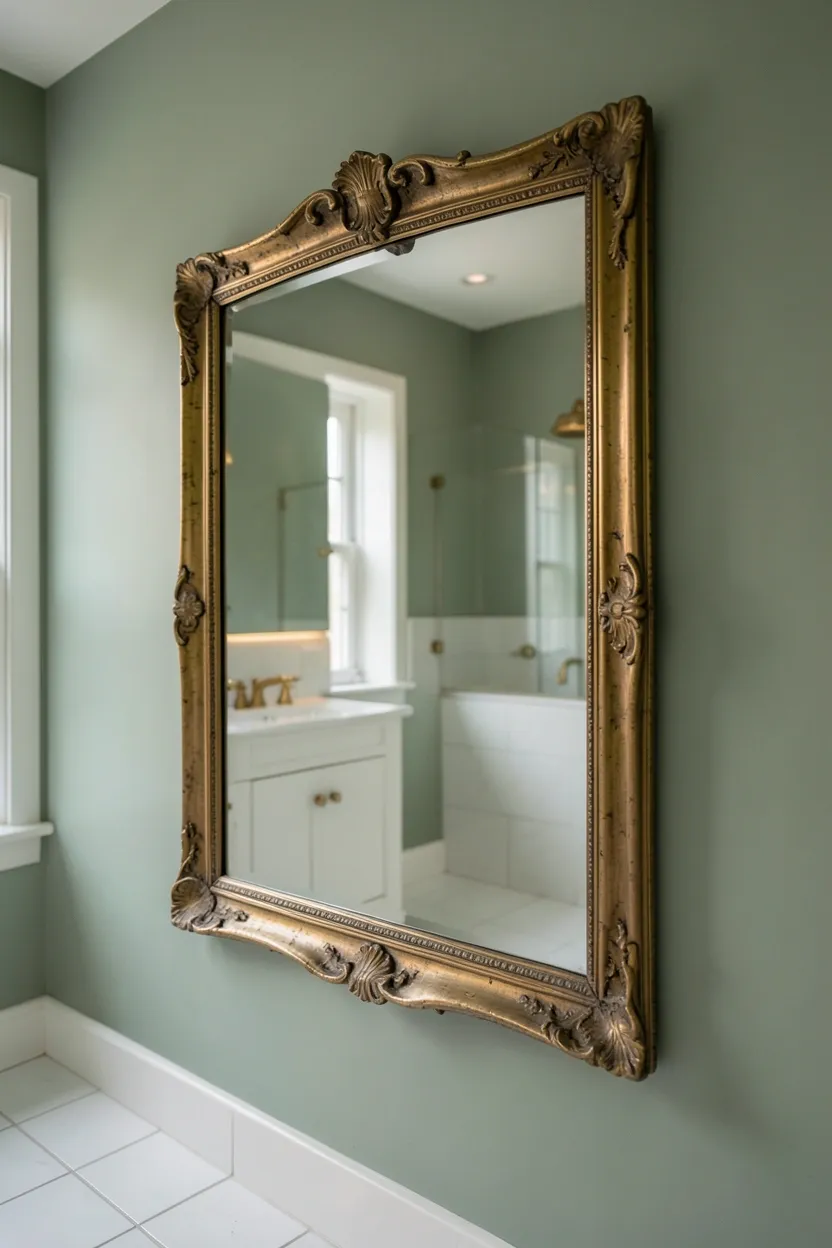 Large ornate brass-framed statement mirror above white vanity in a small British-inspired rental bathroom