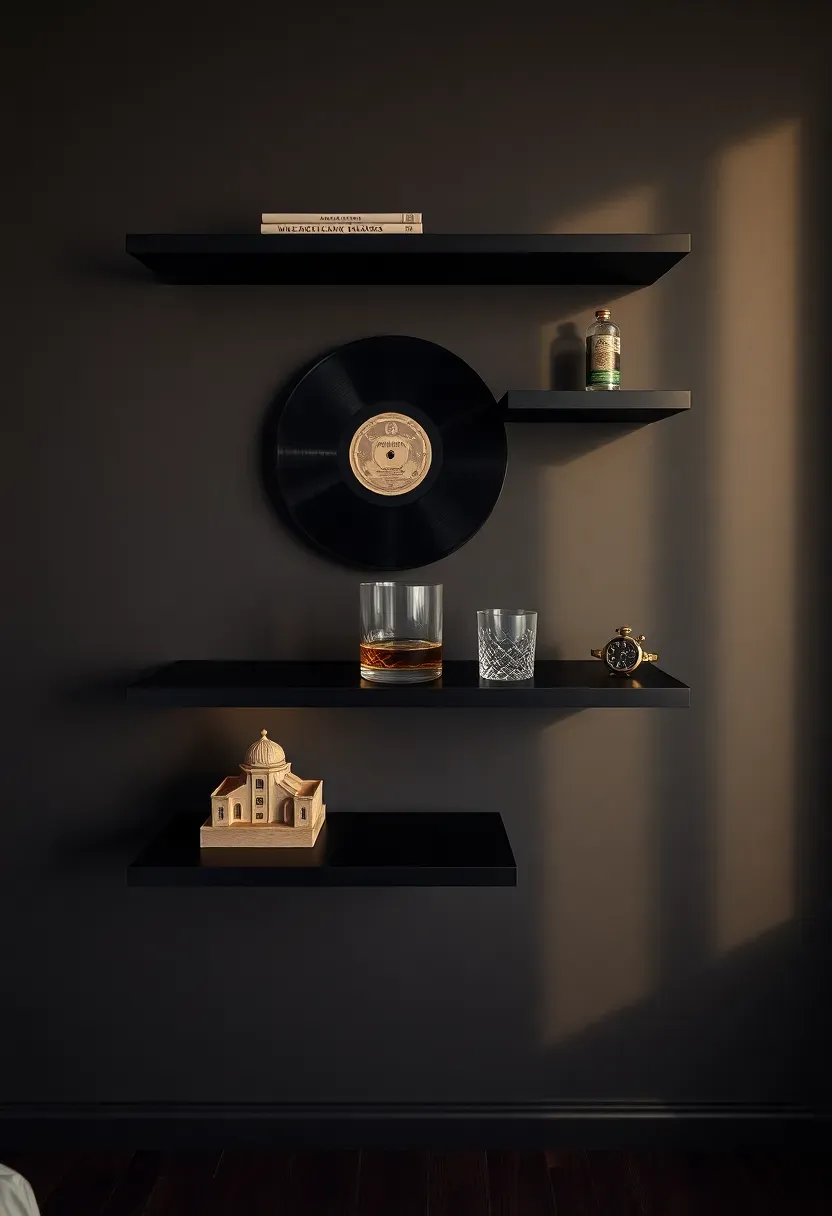masculine bedroom floating shelves with vinyl record and collectibles on charcoal wall