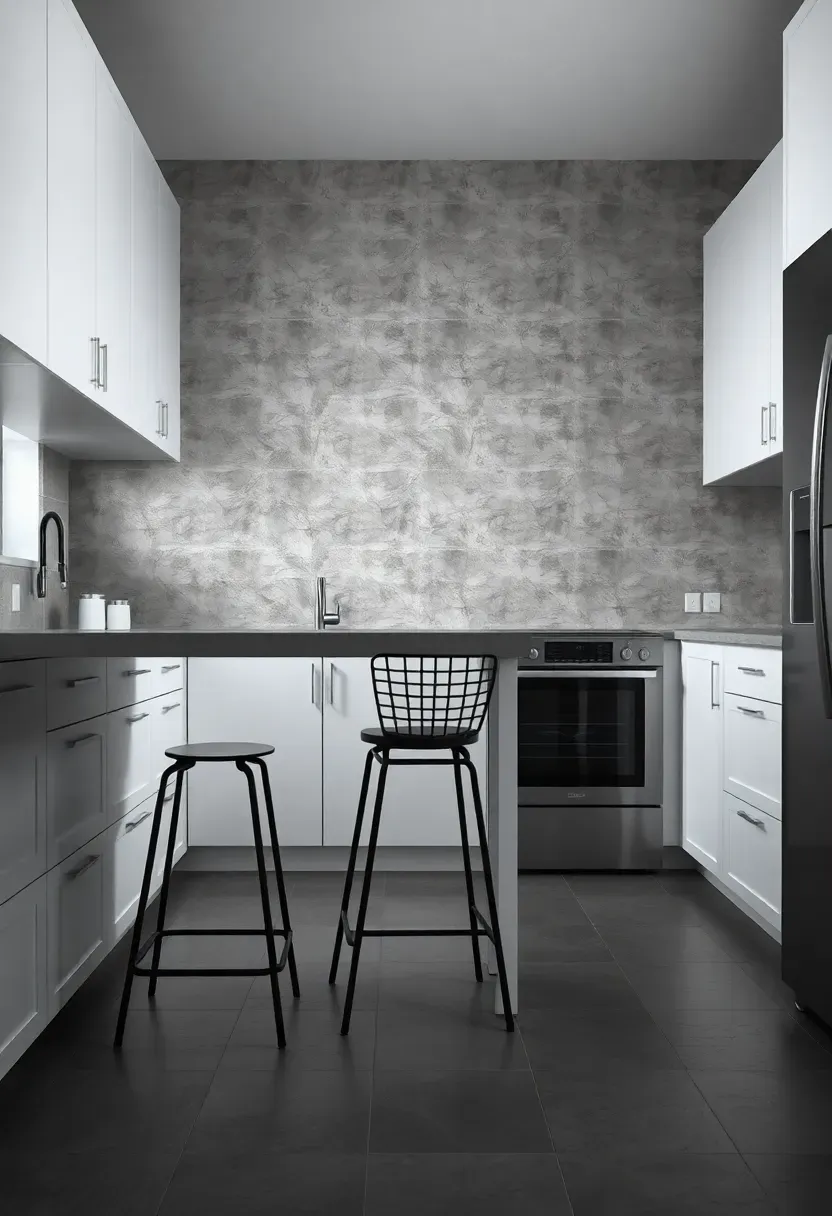 large format concrete-effect porcelain tile backsplash in gray tones with minimal grout lines in a white kitchen with industrial stools