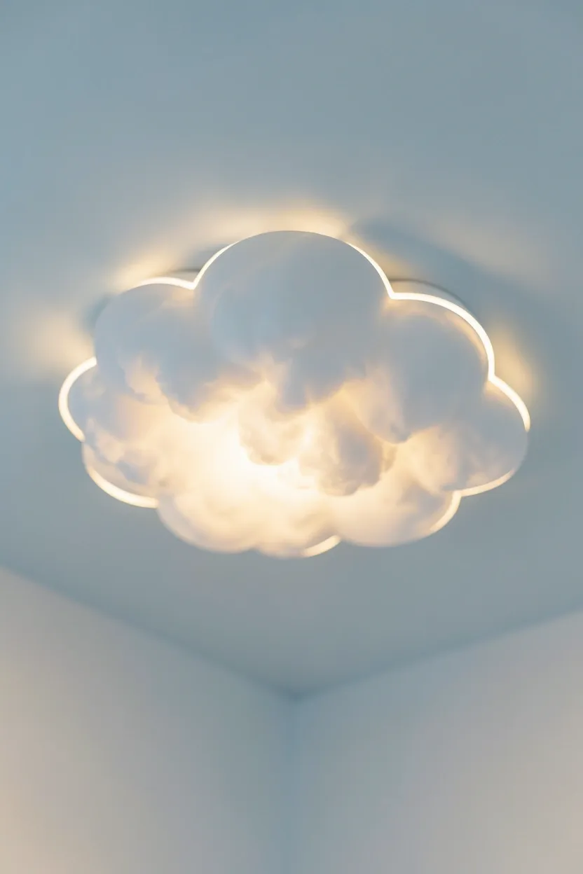 Playful cloud-shaped white pendant light fixture above a kids bathroom vanity in soft blue and white