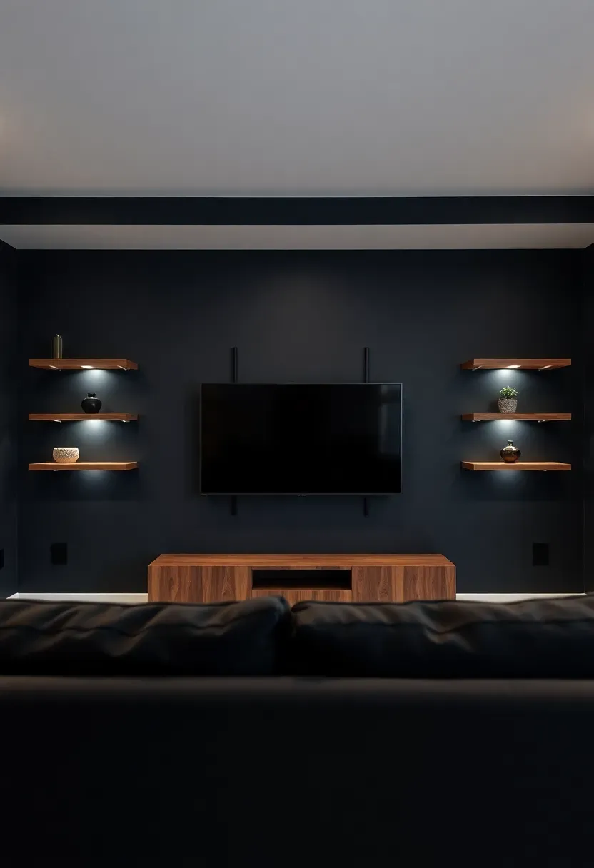 Basement media room with bold black painted feature wall behind a mounted television and floating shelves