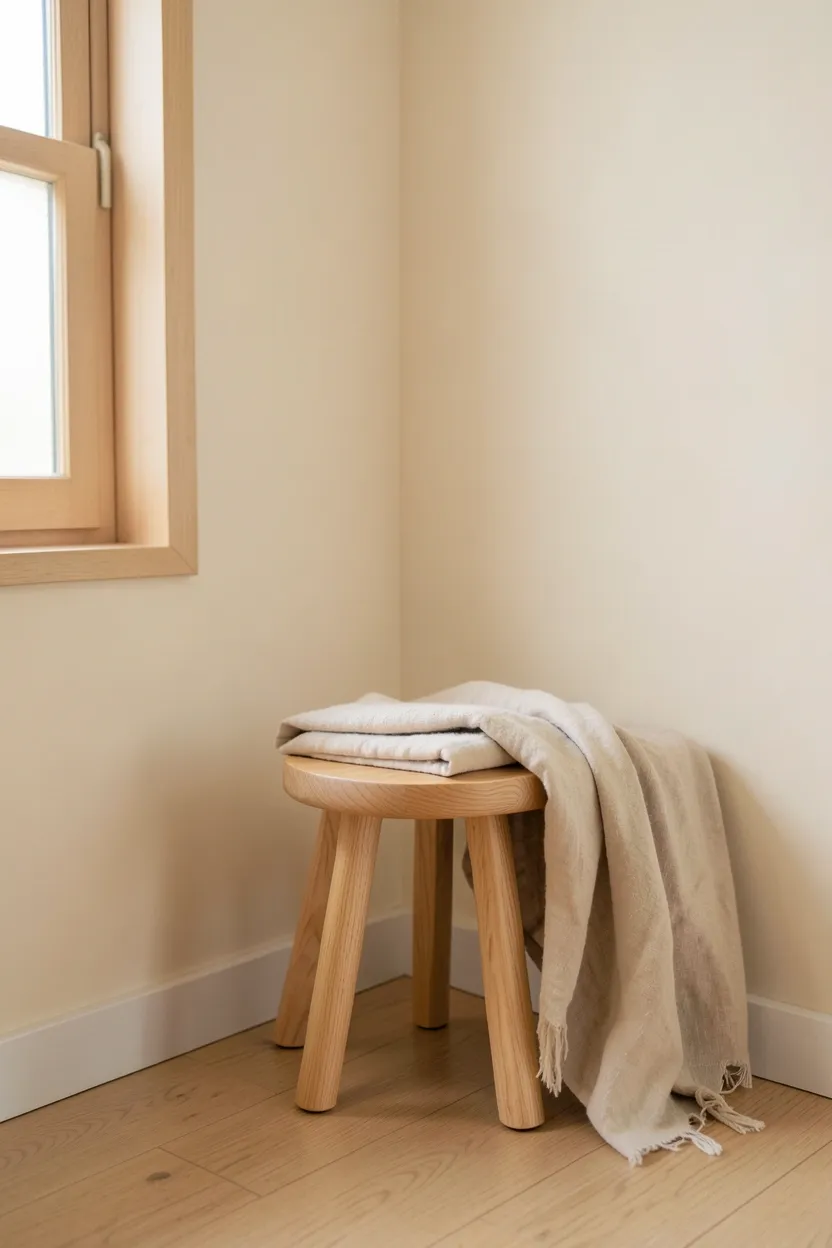 Warm neutral bedroom with cream walls and light oak wood accents in a cozy japandi small apartment