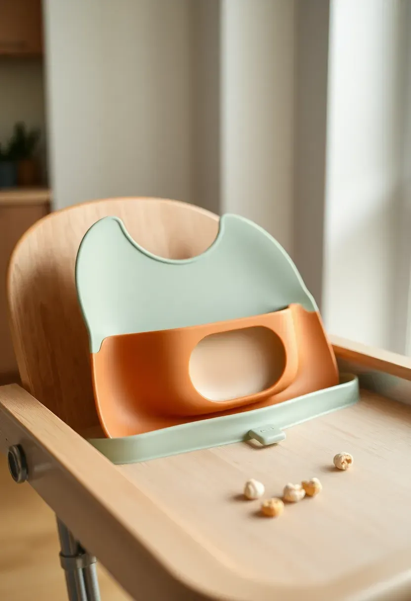 colorful silicone baby bib and divided suction plate set on a high chair tray with scattered cereal pieces