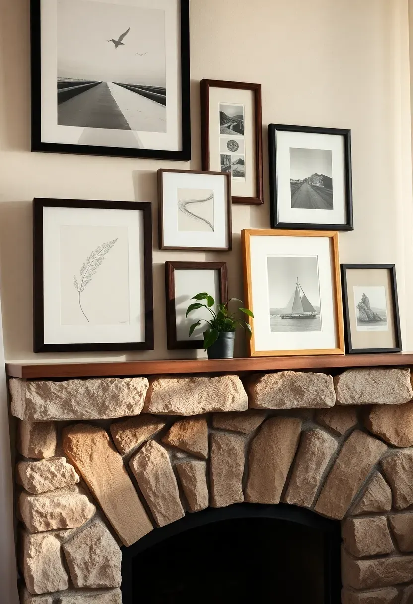 Eclectic gallery wall above a stone fireplace with mixed frame sizes and art styles