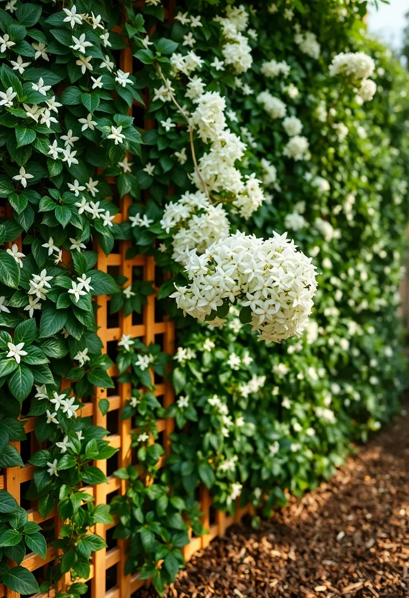 A tall wooden trellis wall covered in blooming star jasmine with white flowers creating a fragrant privacy screen