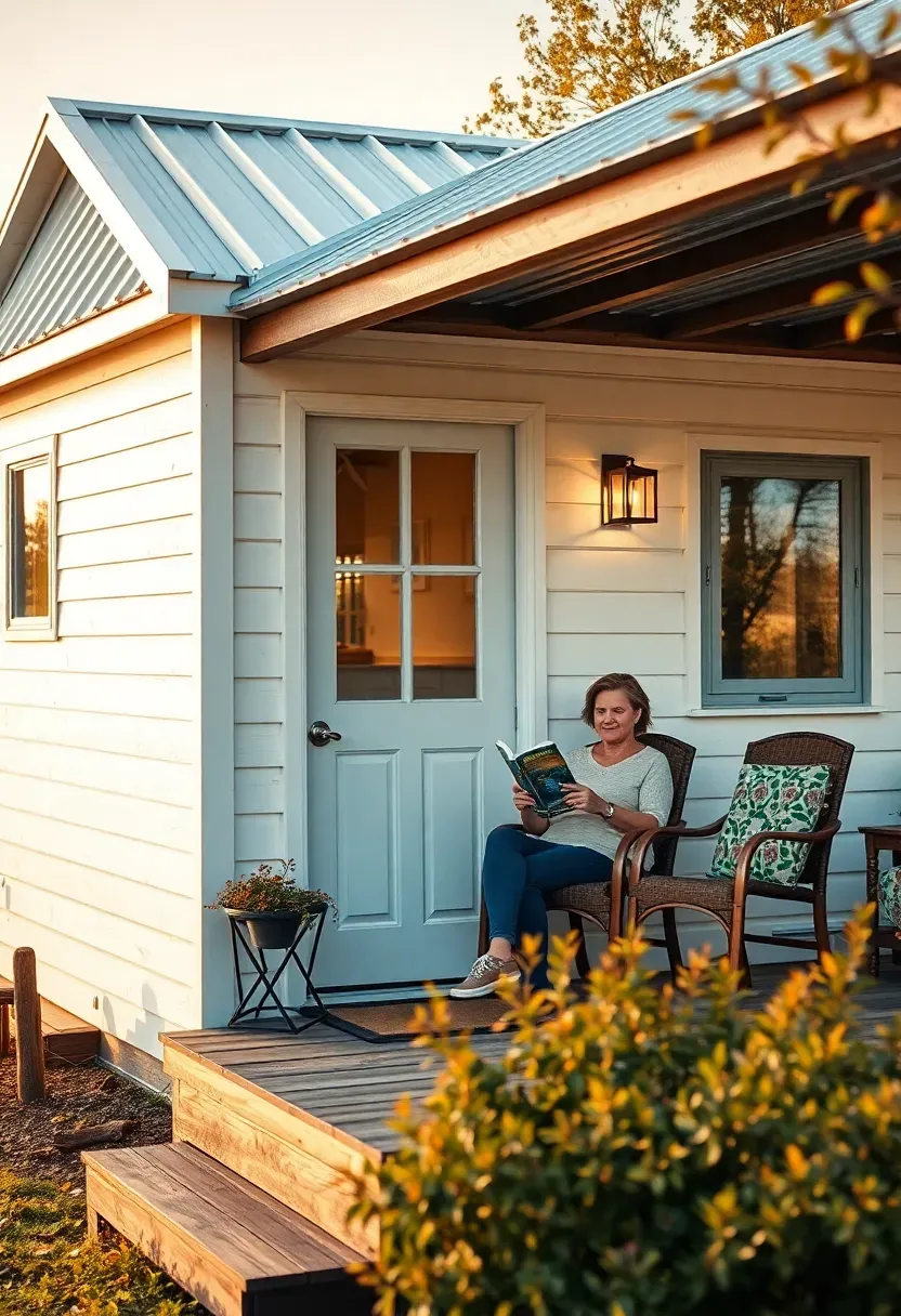 Hyper-realistic 3/4 view of a tiny house exterior with a person relaxing on the porch, reading a book with a peaceful expression. Materials: white board-and-batten siding, metal roof, comfortable outdoor furniture. Late afternoon golden light creating tranquility. Financial peace mood with visible simplicity and absence of financial stress indicators. Shallow depth of field, sharp relaxed details, serene composition. No text, no logos, no watermarks.</p>