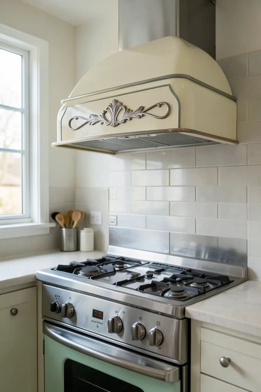 Cream enamel retro-inspired range hood with curved front panel above a vintage kitchen stove