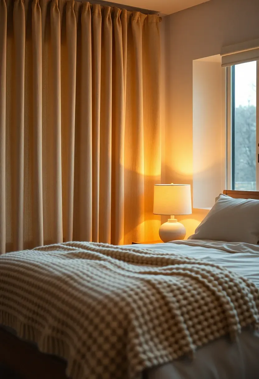 Heavy thermal curtains in soft oatmeal tone drawn across sunroom windows, cozy bed with chunky knit throw, warm ambient light from bedside lamp