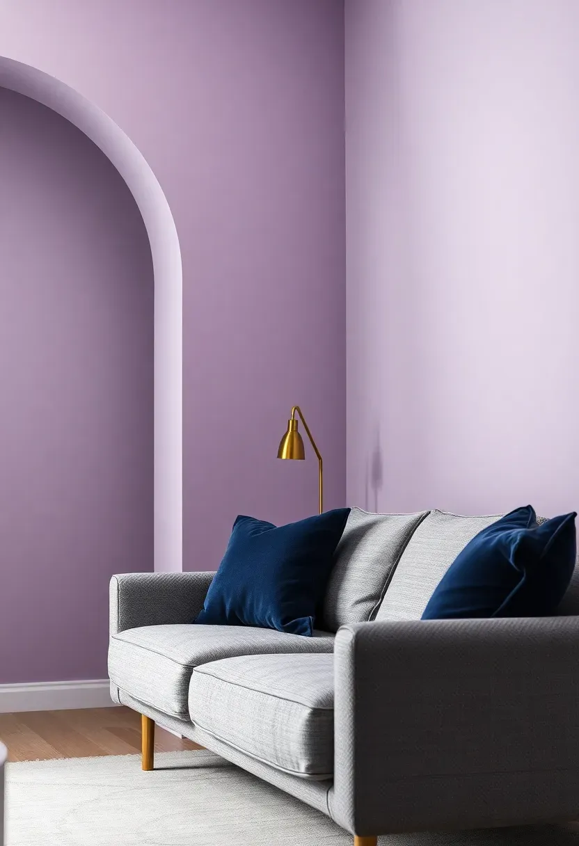 Hyper-realistic 3/4 view of a minimalist living room with muted lilac walls, gray sofa, navy accent pillows, brass lamp. Materials: matte lilac paint, gray woven fabric, navy velvet, brushed brass. Soft diffused light, sophisticated purple-gray shadows. Shallow depth of field, elegant minimalist composition. No text, no logos, no watermarks.</p>