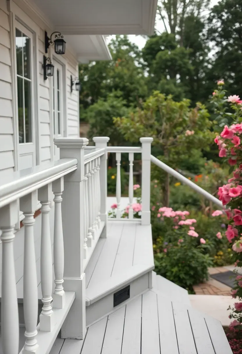 Farmhouse-style white painted two-level deck with turned post railings and wide plank flooring connected to a country home with a garden view