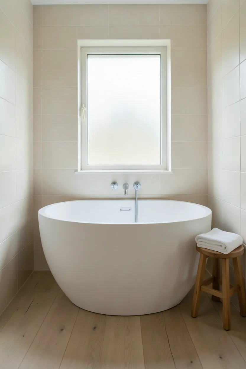 Hyper-realistic eye-level photograph of freestanding tub centerpiece in zen bathroom. Oval freestanding tub in matte white ceramic positioned as focal point. Tub centered under small window with frosted glass. Bathroom walls in pale cream ceramic tiles. Floor in light wood planks. Minimal accessories: wooden stool beside tub, single folded white towel. No vanity visible, focus on tub. Soft natural daylight. Materials: matte white ceramic, oak wood. Sculptural minimalist mood. Balanced composition emphasizing tub as centerpiece. No text, no logos, no watermarks.</p>