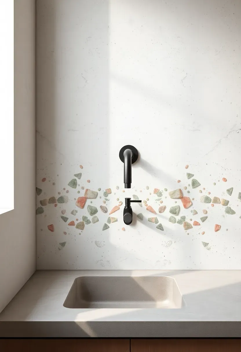 Bathroom backsplash made of terrazzo composite panel in white with multicolored stone chips behind a matte black faucet and concrete countertop