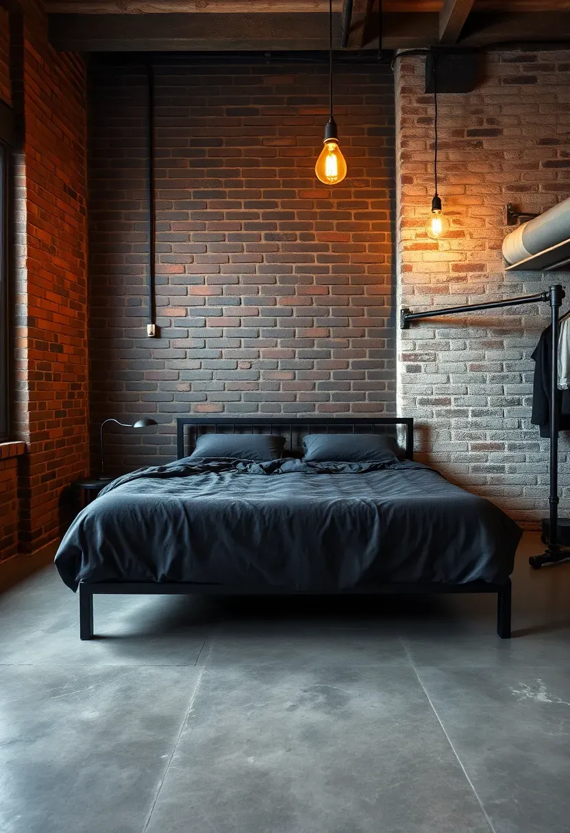 Hyper-realistic wide shot of industrial bedroom with charcoal exposed brick wall, concrete floor elements, metal platform bed with charcoal linens, metal pipe clothing rack. Materials: painted charcoal brick, smooth concrete, black metal frame, charcoal wool bedding. Warm edison bulb glow from industrial fixture (2700K), window light left. Urban loft mood, shallow depth of field with mixed textures—rough brick, smooth concrete, shiny metal. No text, no logos, no watermarks.</p>