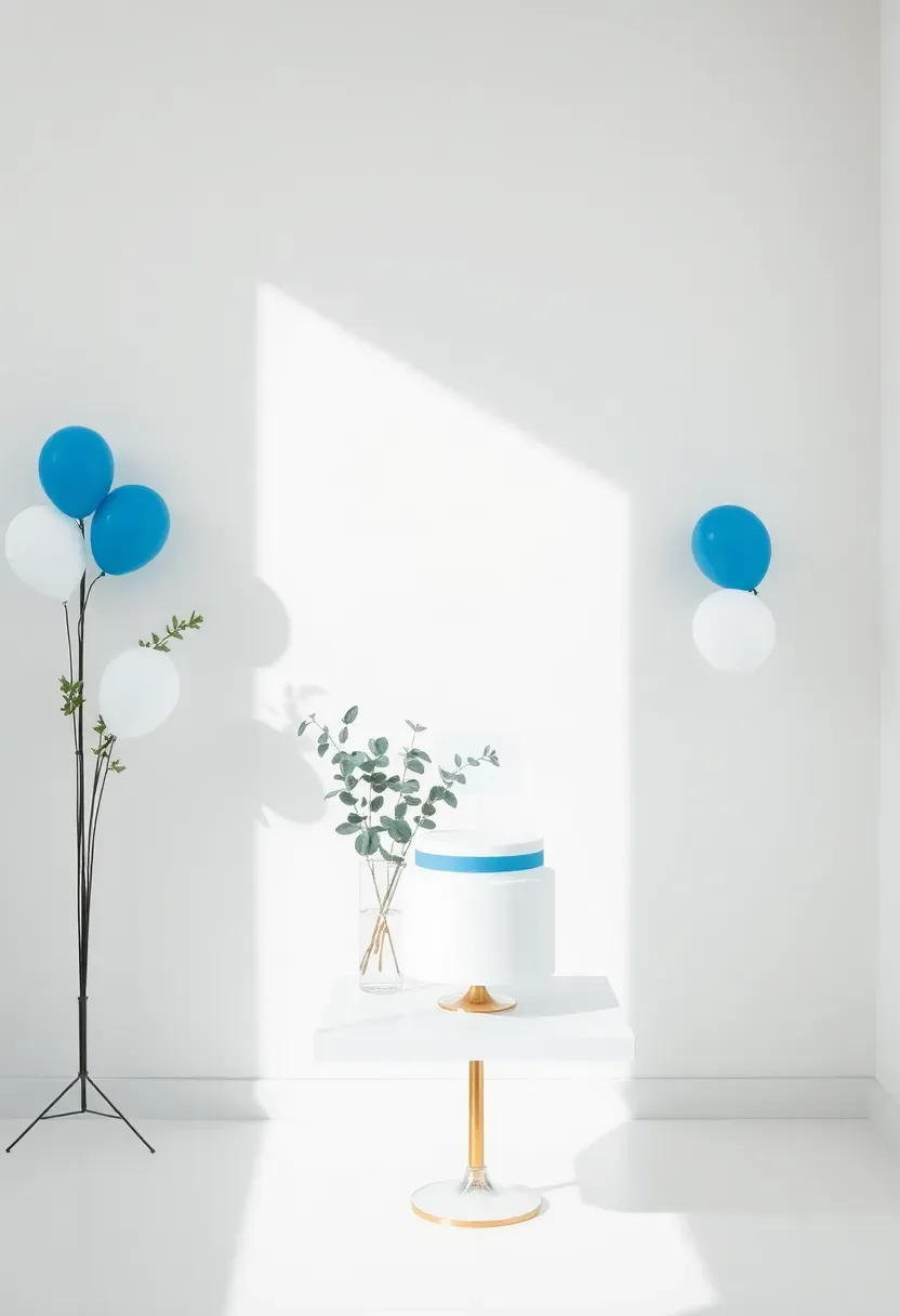 modern minimalist oh boy baby shower with clean white backdrop, simple blue and white balloon clusters, acrylic signage, eucalyptus sprigs, and a sleek single tier cake