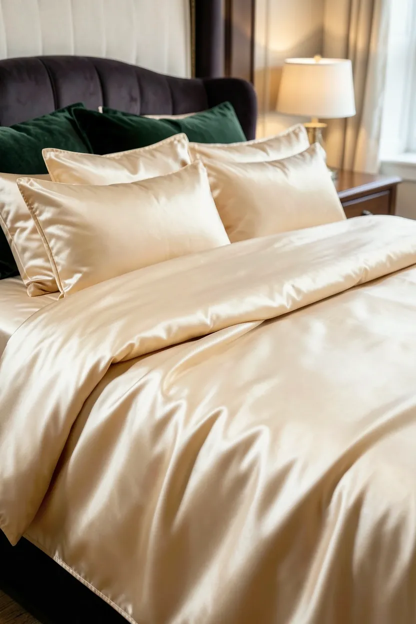 Champagne silk bedding with smooth draped folds and velvet accent pillows on a king bed in an elegant bedroom