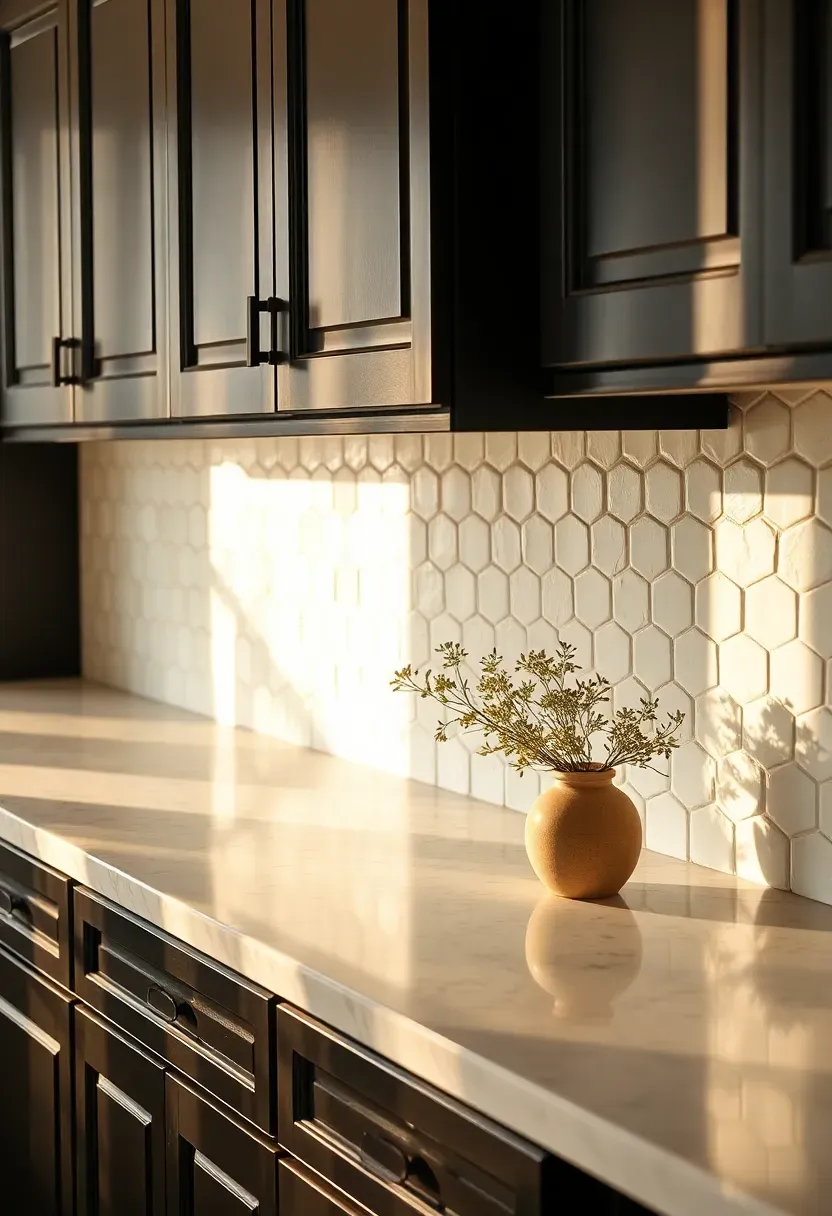 handmade warm white zellige tile backsplash with irregular surface reflecting light in kitchen with black painted cabinets and light granite counters