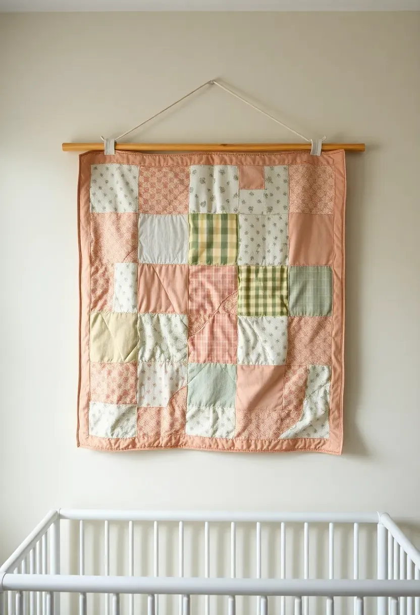 patchwork quilt in soft pastels hung on nursery wall as art piece above white crib