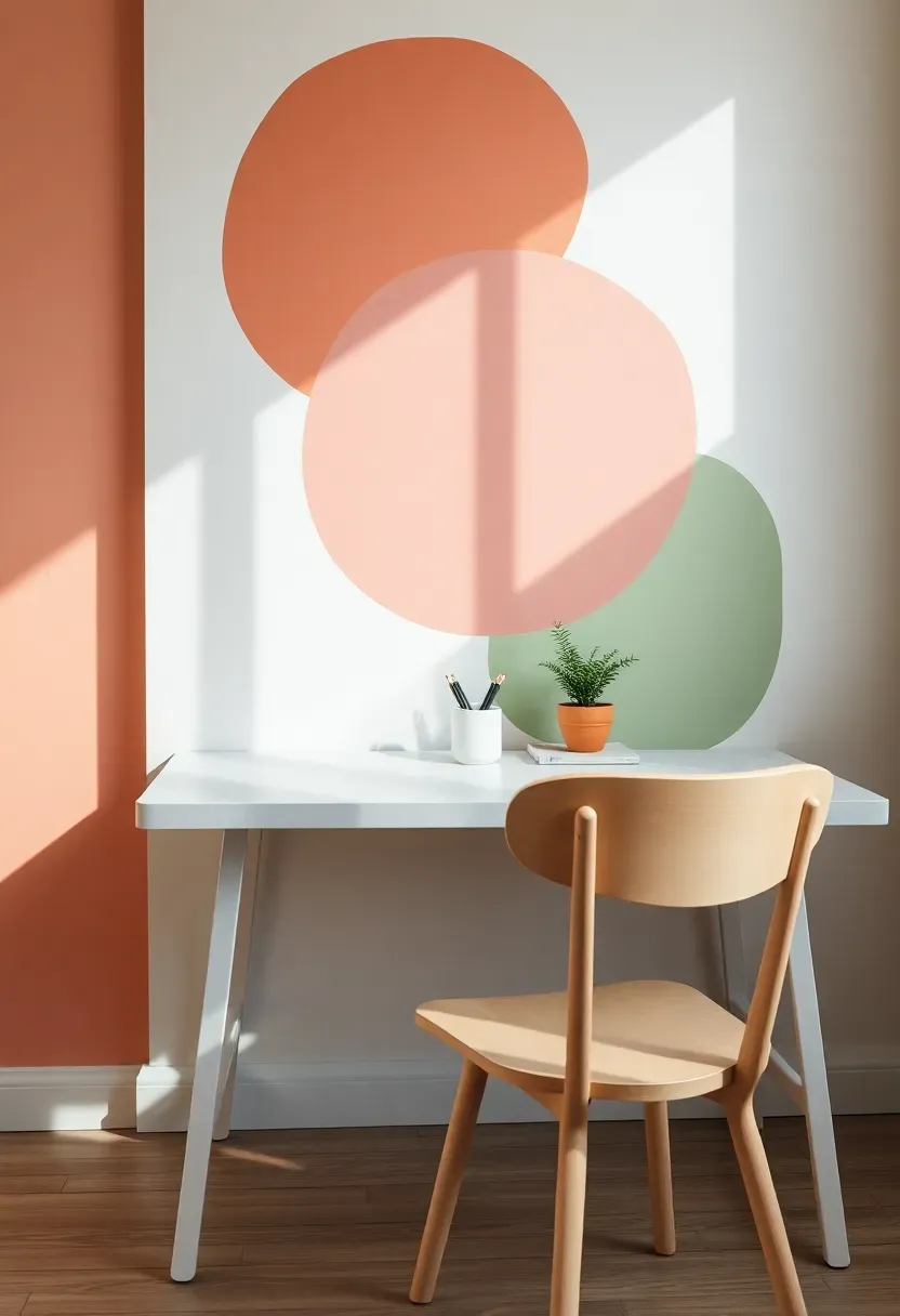 Playful home office with a color-blocked accent wall featuring overlapping geometric shapes in terracotta, dusty pink, and sage green