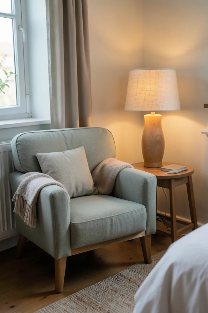 Cozy reading nook with sage green upholstered chair, warm floor lamp, and small side table in a bedroom corner