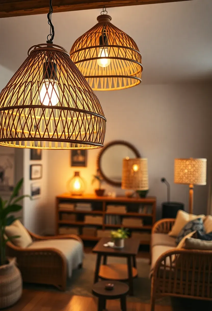 Hyper-realistic 3/4 view of an earthy boho living room featuring multiple woven light fixtures—showing a large rattan pendant lamp with intricate woven construction hanging from ceiling, a smaller bamboo pendant nearby, and a floor lamp with woven raffia shade, all casting warm ambient light. Warm wood floor, rattan furniture visible. Materials: natural rattan with visible weave patterns and construction, bamboo segments, raffia woven shade with texture, brass fixtures, oak flooring, linen textiles. Warm mixed lighting from woven fixtures creating patterns and shadows. Handmade craftsmanship visible in fixture construction. Shallow depth of field showing woven lighting fixtures foreground with furniture and room context beyond. No text, no logos, no watermarks.</p>