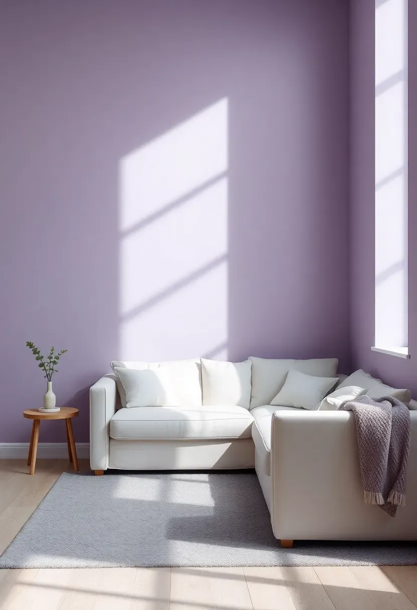 Hyper-realistic 3/4 view of a minimalist living room with lilac walls, white sofa, gray rug, light oak side table. Materials: matte lilac paint, white cotton, gray wool, white oak wood. Soft diffused daylight, dreamy purple-gray shadows. Shallow depth of field, ethereal minimalist composition. No text, no logos, no watermarks.</p>