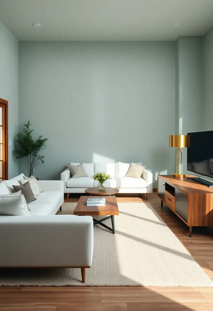 Hyper-realistic wide shot of a minimalist living room with soft teal walls, white sofa, walnut coffee table and media console, and cream wool area rug. Materials: matte soft teal paint with gray undertones, white linen upholstery, walnut wood, cream wool rug, brass table lamp. Soft natural daylight with subtle shadows, calm and grounded atmosphere. Clean composition with negative space, sharp details on wood grain and textures, no clutter, no text, no logos.</p>