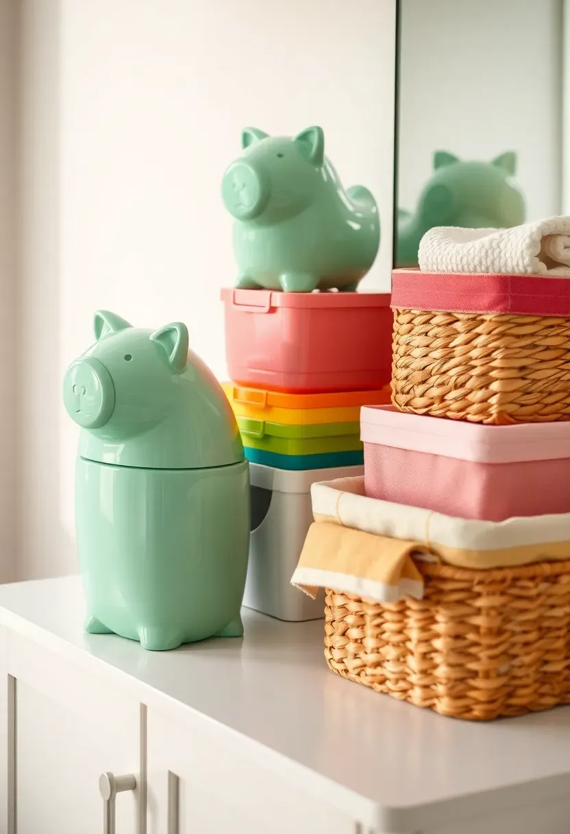 Colorful stackable vanity storage bins in rainbow hues on a bathroom countertop