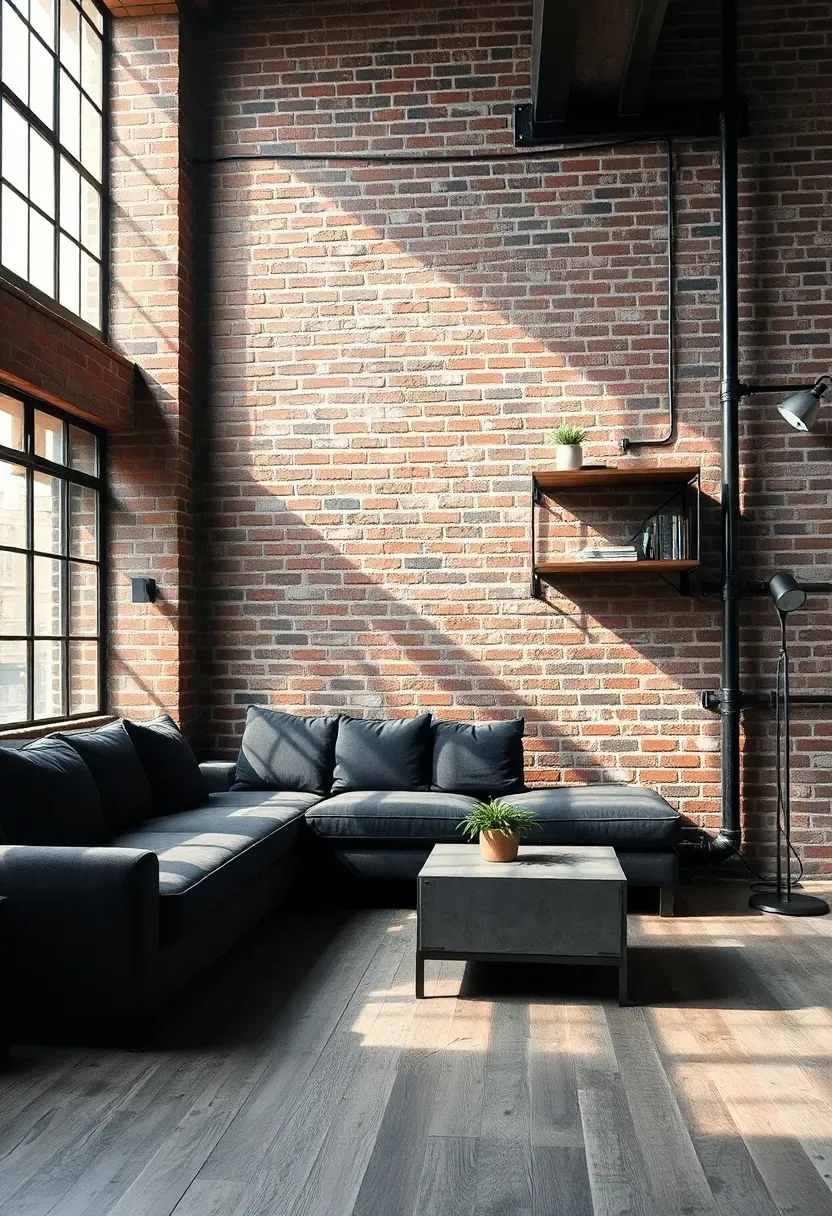 Hyper-realistic 3/4 view of industrial living room with dark grey couch, exposed brick wall, metal piping open shelving, concrete coffee table, distressed wood plank floor, metal factory-style floor lamp. Materials: charcoal fabric, weathered red brick, black iron pipe, grey concrete, reclaimed wood. Natural light from warehouse windows, dramatic shadows on brick texture. Industrial mood like converted Brooklyn loft. Shallow depth of field, visible brick mortar and pipe joints. No text, no logos, no watermarks.</p>