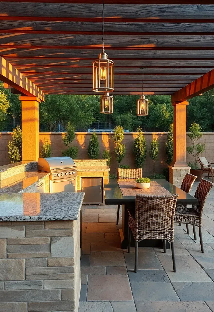Outdoor kitchen layout forming a triangle between a built-in grill station and a prep counter and a dining table on a covered stone patio with pendant lighting