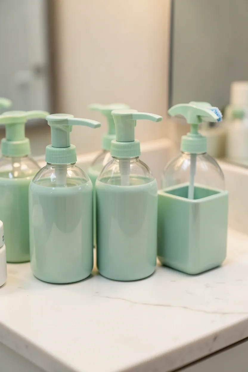 Matching pastel ceramic soap dispensers in mint, lavender, and peach grouped on a white vanity tray in a small bathroom