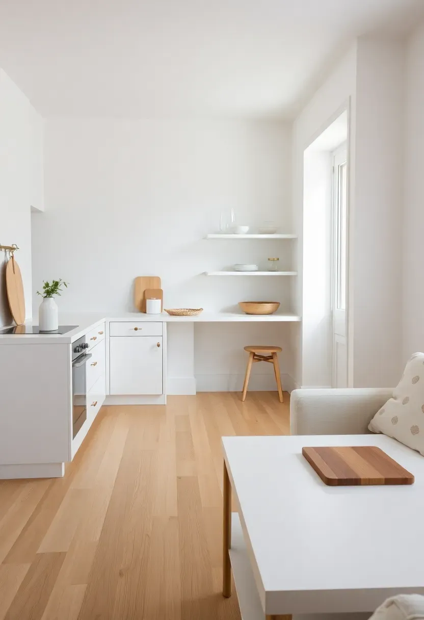 Hyper-realistic 3/4 view of tiny house with floor-to-ceiling built-ins painted same white as walls, showing storage receding and disappearing, leaving impression of continuous wall surface, light oak floor, minimal hardware, feeling of open uncluttered space, natural light. Materials: white built-ins matching white walls, light oak floor, brass pulls, white linen sofa. Bright natural light, soft shadows, built-in integration emphasized.</p>