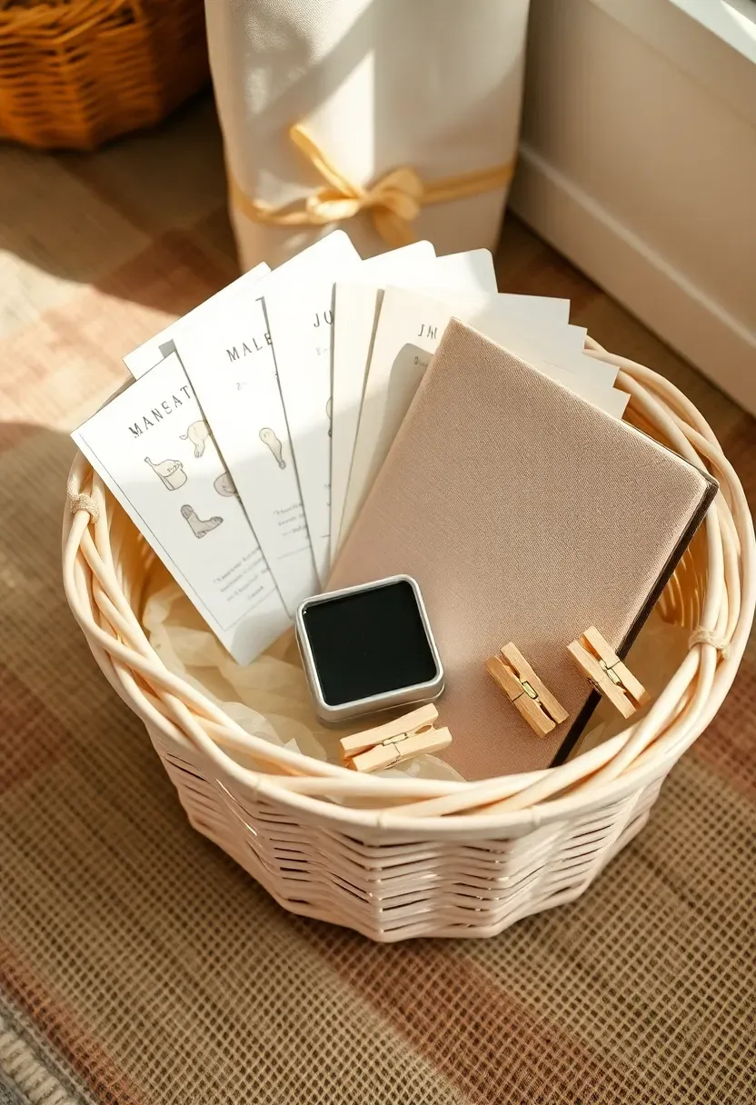 baby milestone memory gift basket with monthly sticker cards photo props keepsake journal and footprint ink pad in a decorated cream basket