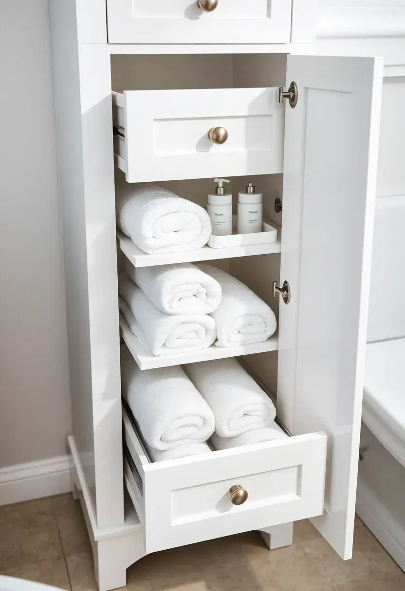 Tall narrow bathroom cabinet with three pull-out drawers extended showing rolled towels and toiletries inside white painted wood frame